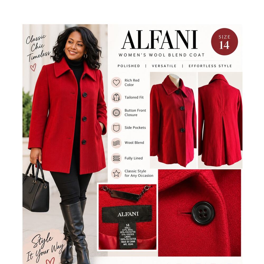 Alfani Red Wool Blend Coat Women’s Size 14 Tailored Lined Winter Jacket